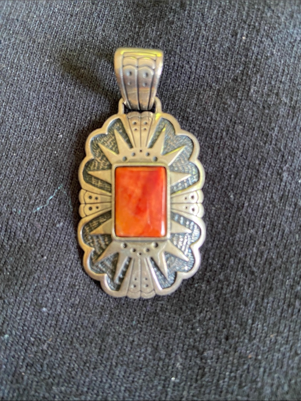 T. Singer (Dine/Navajo) Sterling Silver Pendant with Orange Oyster Shell Inlay